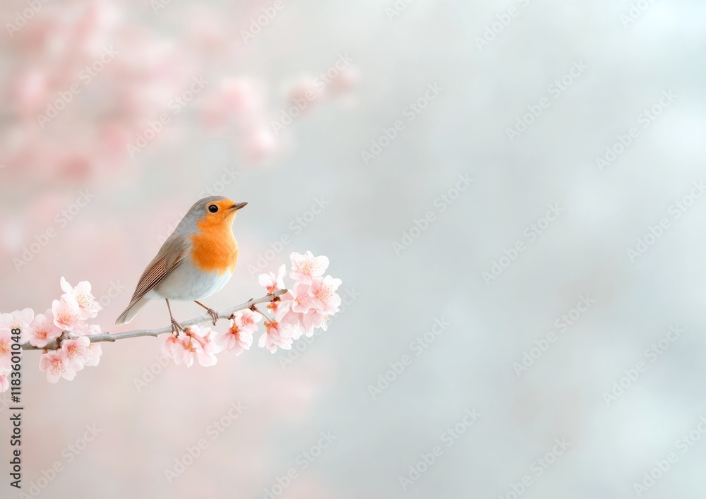 Poster serene robin on a blossoming branch in soft spring light