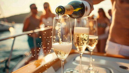 Group of friends having fun together and drinking champagne while sailing in the sea on luxury yacht celebrating the New Year