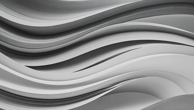 Abstract image of layered, wavy sheets of paper in grayscale, creating a fluid and dynamic visual effect. The composition exudes a serene and harmonious rhythm, with gentle undulations.