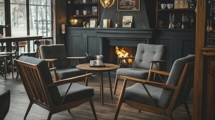 Warm coffee shop setting with wooden chairs, gray sofas, and a central fireplace, ideal for relaxing with a cup of coffee