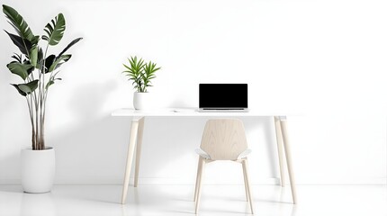 "Minimalist Home Office with White Desk and Wooden Chair