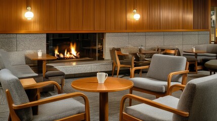 Warm coffee shop setting with wooden chairs, gray sofas, and a central fireplace, ideal for relaxing with a cup of coffee