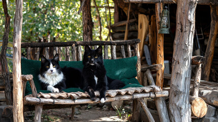 Rustic bench, two cats resting One black, one tuxedo Peaceful woodland scene.