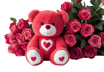 30 cm red teddy bear with white paws and a heart on the feet, sitting in front of a bouquet of pink roses