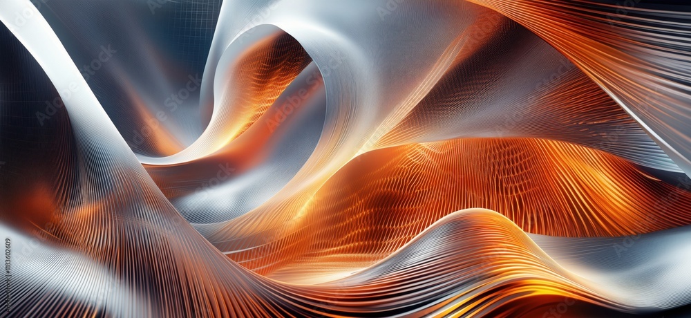 Poster abstract fluid wave patterns in orange and silver tones, showcasing dynamic movement and intricate t