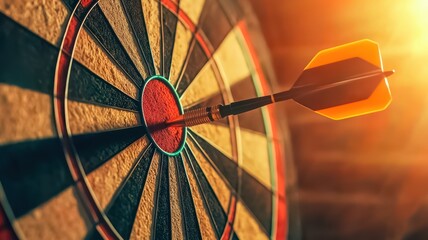A close-up of a dartboard with a dart stuck in the bullseye, illuminated by warm sunlight, showcasing precision and focus in a competitive game.