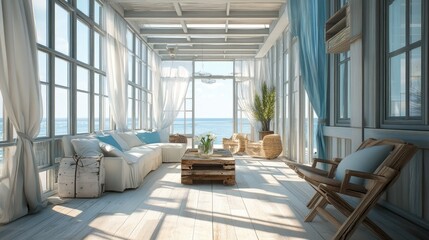 Fototapeta premium Coastal Living Room: Serene Beach House Interior Design