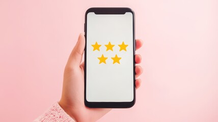 A hand holds a smartphone displaying five golden stars on a light pink background, symbolizing high ratings or reviews.