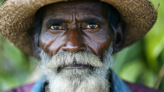 an old Indian farmer man smiling at outdoor greenery background