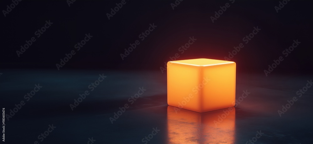 Poster illuminated orange cube glowing softly in dark environment, reflecting light on smooth surface, crea