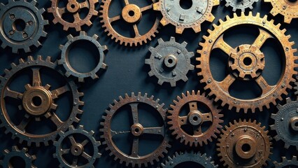 Intricate Arrangement of Rusty Metal Cogwheels Intermeshed in a Complex System of Mechanical Engineering