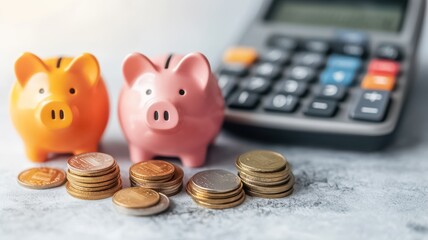 Two piggy banks, one orange and one pink, next to a pile of coins and a calculator, symbolizing saving and budgeting.