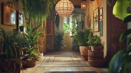 Warm Bohemian Hallway with Lush Plants and Vintage Decor  