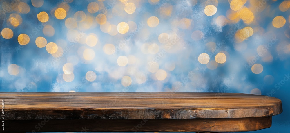 Poster wooden tabletop with blurred bokeh lights background creating a warm, inviting atmosphere for produc
