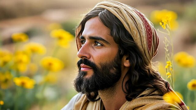 Jesus with gentle smile Si Cheng at  mustard Flower Field , idea for biblical phrase : Matthew 13:31-21 &ldquo;He told them another parable: the kingdom of heaven is like a mustard seed, which a man took an