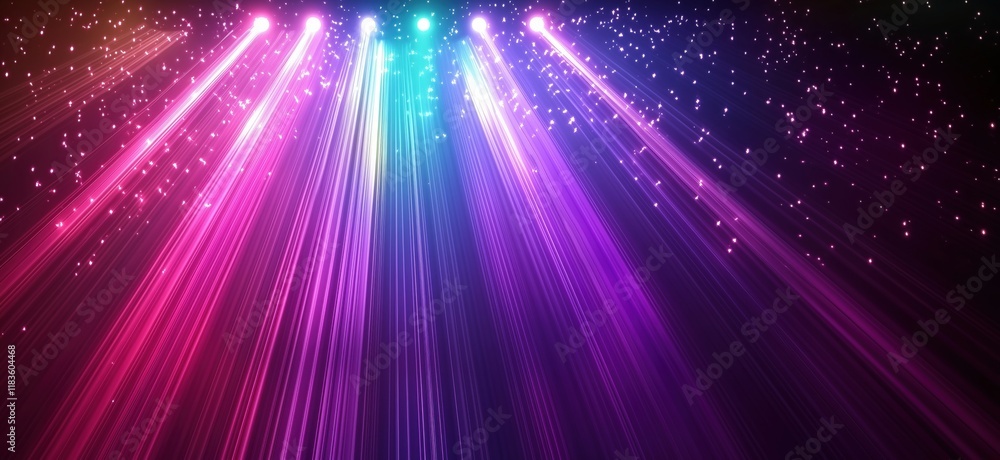 Poster colorful light rays with sparkles creating a vibrant atmosphere for events and celebrations, copy sp