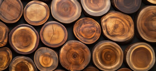 Wooden tree rings display showcasing natural textures, colors, and patterns of various tree slices arranged in an artistic manner, copy space for text