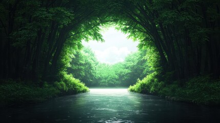 Obraz premium A serene forest scene featuring a river flowing through a lush green canopy, illuminated by soft light, creating a tranquil and inviting atmosphere.