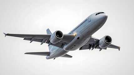 Obraz premium Modern Commercial Airplane in Flight Against Gray background.