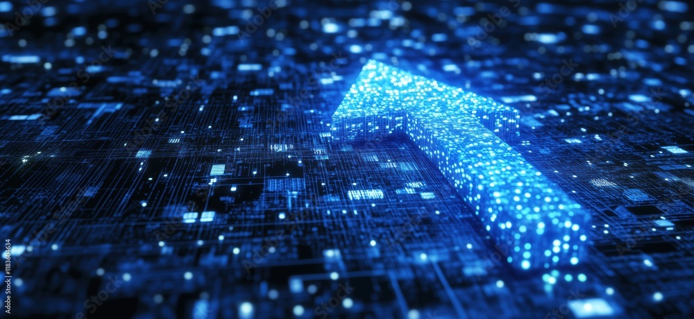 Poster digital blue arrow symbolizing growth and progress in technology, surrounded by a network of glowing