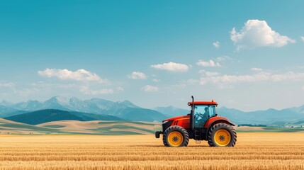 Obraz premium A vibrant red tractor plows through golden fields under a clear blue sky, set against distant mountains, showcasing agricultural life and rural beauty.