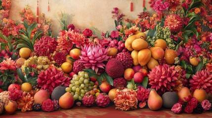 Abundant Floral Arrangement Featuring Exotic Fruits And Flowers