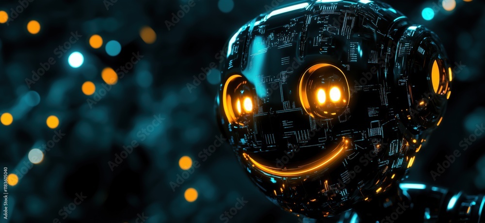 Poster smiling robotic face with glowing features and intricate circuit patterns, showcasing advanced techn