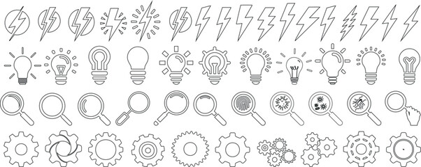 Electric symbols, lightbulbs, magnifying glasses, cogs line art set for creativity, innovation, search, and technology designs. Ideal for business, science, and energy related projects