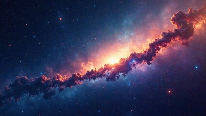 Naklejka premium Cosmic Cloudscape A Celestial River of Crimson and Gold, Illuminated by Distant Suns and Enveloped in a Sea of Stars