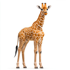 Naklejka premium Gentle Giant: A Young Giraffe's Portrait Against a Pristine White Background