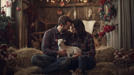 Fototapeta premium Couple with their baby goat, surrounded by Valentine’s decorations on a rustic farm setup