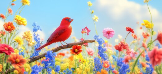Fototapeta premium Vibrant red cardinal perched on branch amidst colorful wildflowers in a sunny meadow, showcasing nature's beauty and diversity, copy space for text