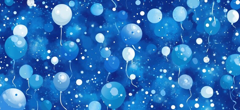 Blue balloons floating in a starry night sky, whimsical design with various shades of blue and white, perfect for celebrations and events, copy space for text