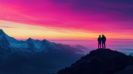 Obraz premium A stunning sunset casts a vibrant pink and purple glow over mountains, with two silhouetted figures standing atop a rocky peak, enjoying the view.