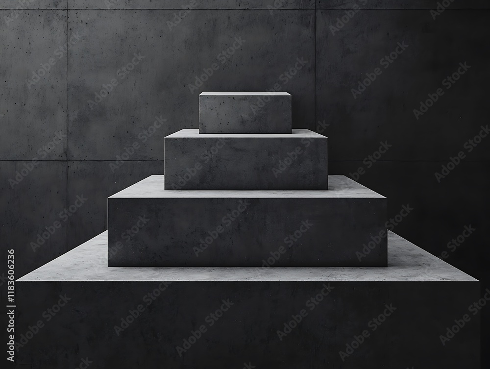 Poster a minimalist structure featuring stacked geometric shapes on a floating platform against a dark, tex