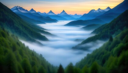 Obraz premium Sunrise paints a majestic mountain range in hues of blue and gold. A sea of fog fills the valley between lush green forests, creating a breathtaking scene