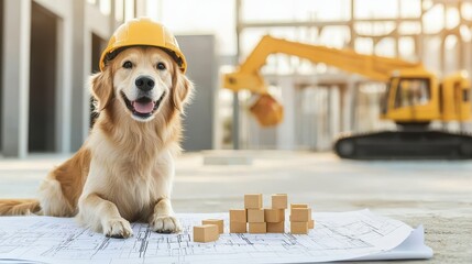 A cheerful dog in a construction helmet sits on blueprints at a building site, surrounded by wooden blocks and machinery.