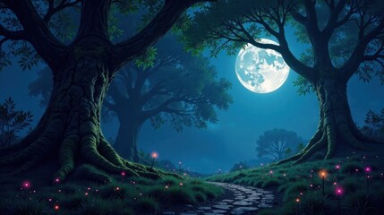 Enchanted Forest Path Under a Bright Moon's Glow, Illuminating a Mystical Night Scene with Luminescent Flora