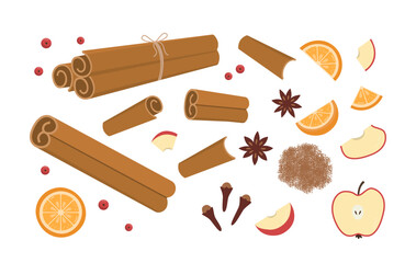 Spices for Bakery, Pie, Hot Drinks, Mulled Wine. Cinnamon Sticks, Star Anise, Apple and Orange Slices, Berries, Clove Spice. 