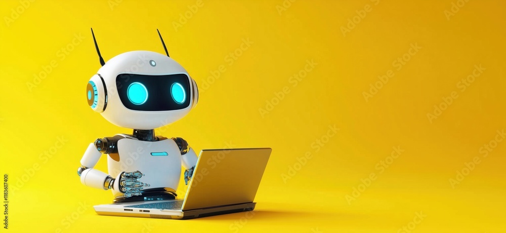 Poster robot working on laptop with bright yellow background, showcasing futuristic technology and artifici