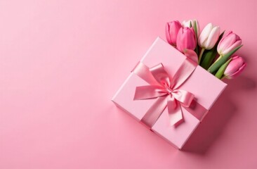 A beautiful gift box with a pink bow and tulips on a pink background. Valentine's Day, Happy Women's Day, Mother's Day, Birthday, Wedding, Christmas. place for the text
