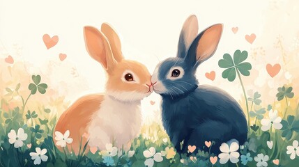 Two adorable rabbits share a sweet moment surrounded by flowers and hearts, exuding love and affection in a vibrant, soft landscape.