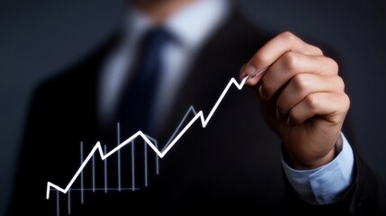 Businessman analyzes financial data and illustrates growth trends with graphical representation