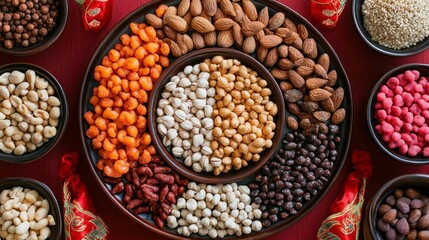 Assorted Nuts Seeds And Candies Arranged On A Tray