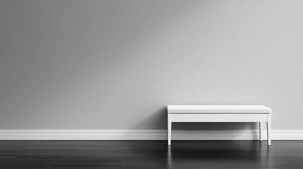 A minimalist interior featuring a white bench against a plain gray wall and dark wooden flooring.