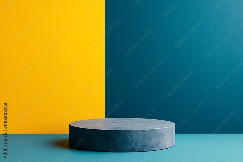 Poster a modern display setup featuring a circular pedestal against a vibrant yellow and teal background, c