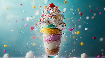 A towering ice cream sundae with vibrant scoops of colorful ice cream, adorned with sprinkles, fluffy whipped cream, and a playful cherry on top. A whimsical and delicious treat for all ages.
