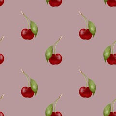 Cherry pattern design in watercolor for textile and wrapping paper