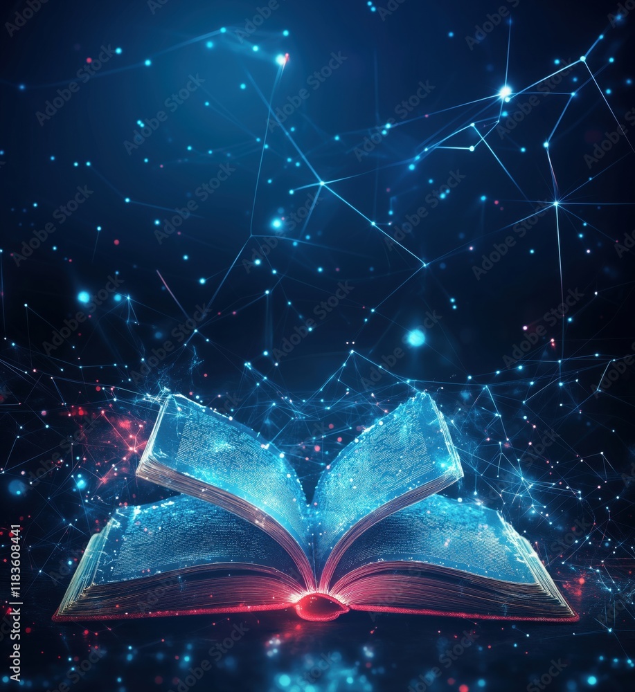 Poster digital book glowing with data connections and light effects, symbolizing knowledge and technology i
