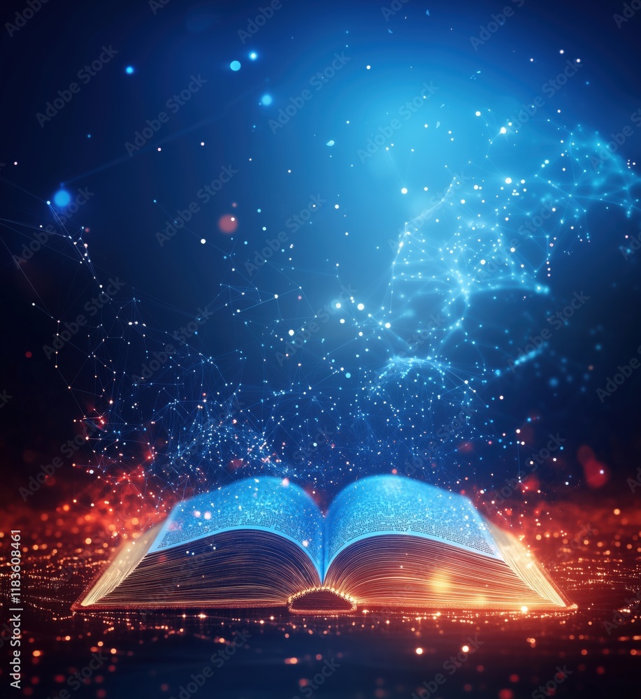 Poster illuminated open book with glowing particles and digital connections representing knowledge and imag
